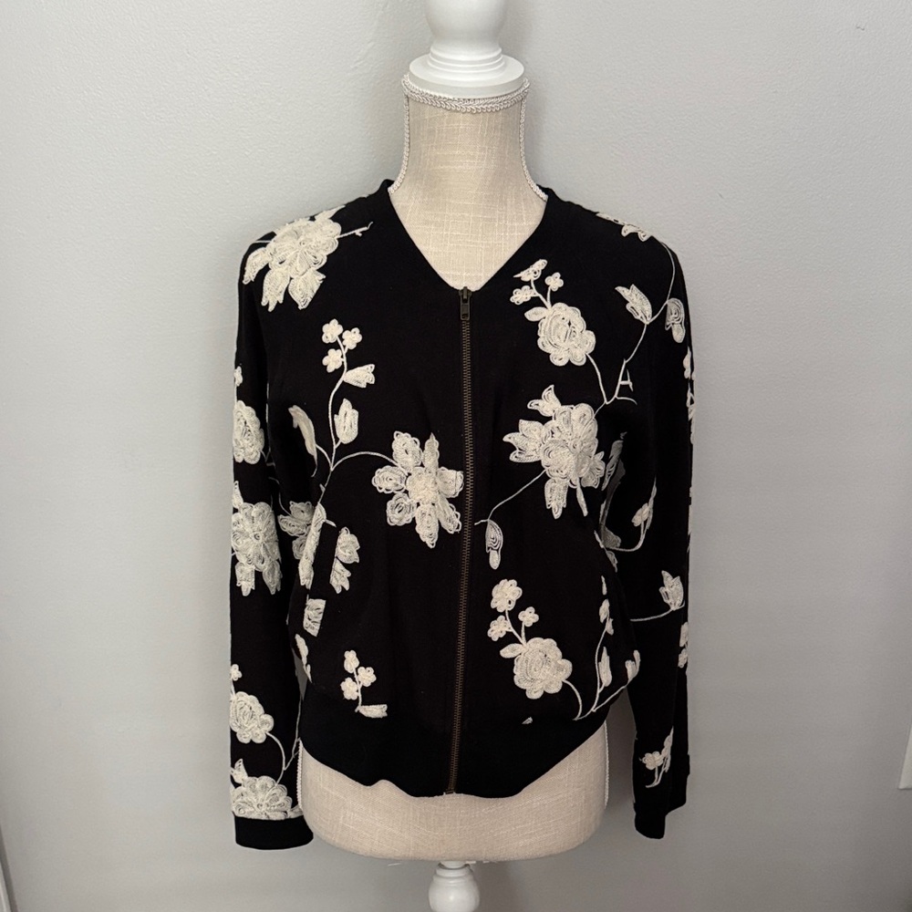 Mystree Black Bomber Jacket with Cream Floral Embroidery